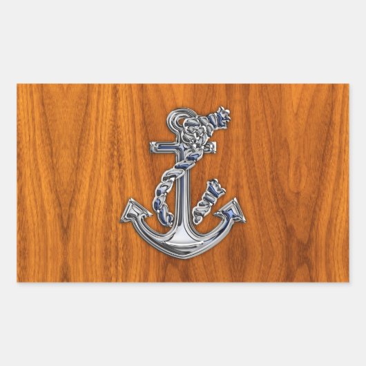 Chrome Rope Anchor op Teak Veneer Rechthoekige Sticker (Voorkant)