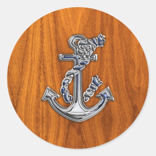 Chrome Rope Anchor op Teak Veneer Ronde Sticker (Voorkant)