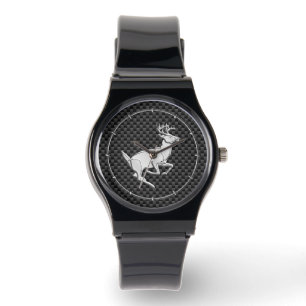 Chrome Running Deer op Carbon Fiber Print Horloge