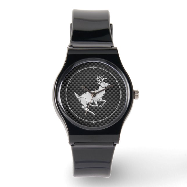 Chrome Running Deer op Carbon Fiber Print Horloge (Voorkant)