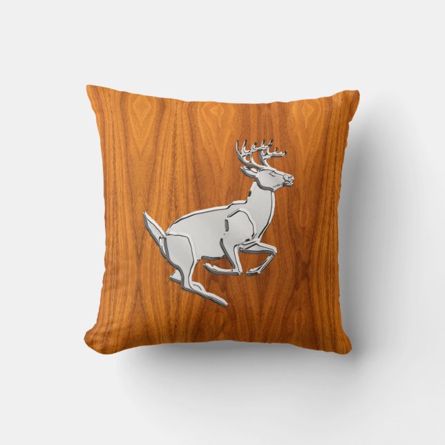 Chrome Running Deer op Fine Teak Print Kussen (Voorkant)
