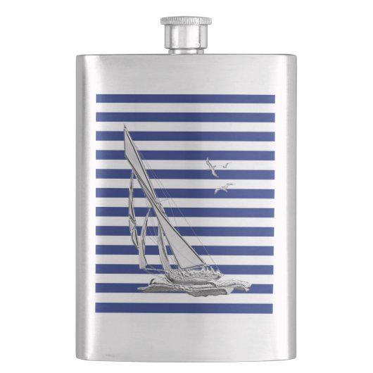 Chrome Sail Boat op marinestapel afdrukken Heupfles (Voorkant)