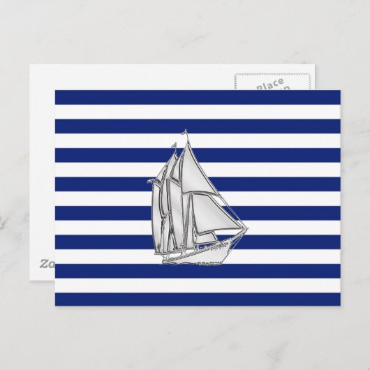 Chrome Sailboat on Nautical Stripes Briefkaart (Voorkant / Achterkant)