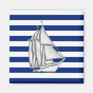 Chrome Sailboat on Nautical Stripes Magneet