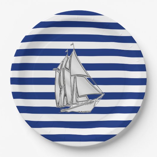 Chrome Sailboat on Nautical Stripes Papieren Bordje (Voorkant)