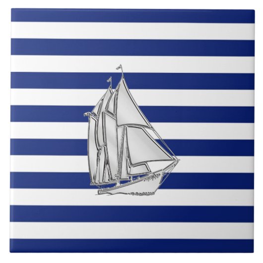 Chrome Sailboat on Nautical Stripes Tegeltje (Voorkant)