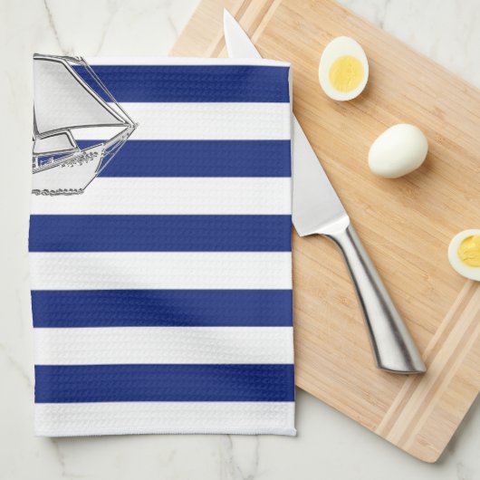 Chrome Sailboat on Nautical Stripes Theedoek (Quarter Fold)