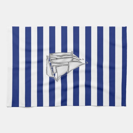 Chrome Sailboat on Nautical Stripes Theedoek (Horizontaal)