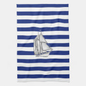 Chrome Sailboat on Nautical Stripes Theedoek (Verticaal)