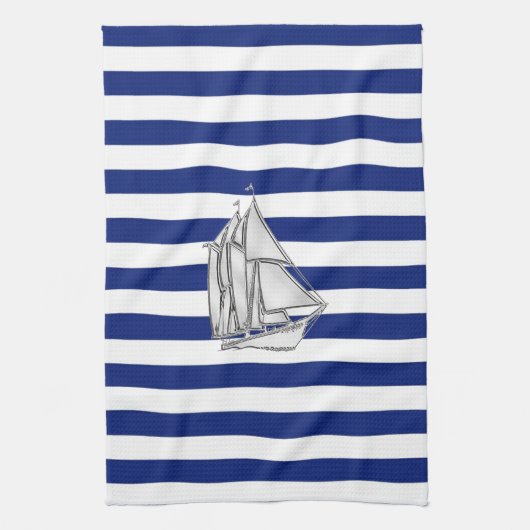 Chrome Sailboat on Nautical Stripes Theedoek (Verticaal)