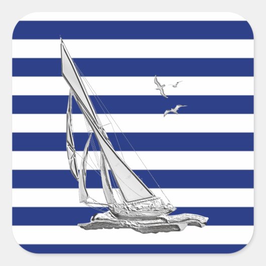 Chrome Sailing on Nautical Stripes Vierkante Sticker (Voorkant)