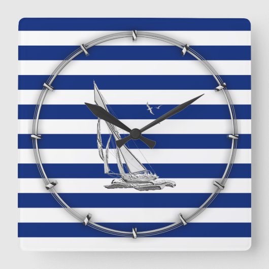 Chrome Sailing op Nautical Stripes Vierkante Klok (Voorkant)