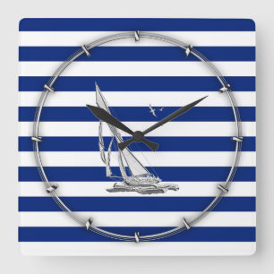 Chrome Sailing op Nautical Stripes Vierkante Klok