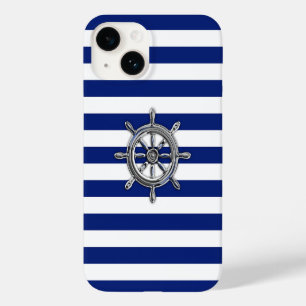 Chrome Scheepswielprint op marine strepen Case-Mate iPhone 14 Hoesje