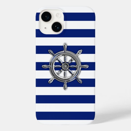 Chrome Scheepswielprint op marine strepen Case-Mate iPhone Case (Achterkant)