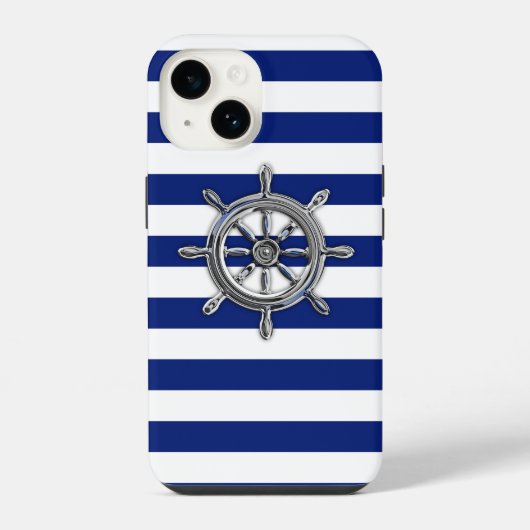 Chrome Scheepswielprint op marine strepen iPhone Hoesje (Achterkant)