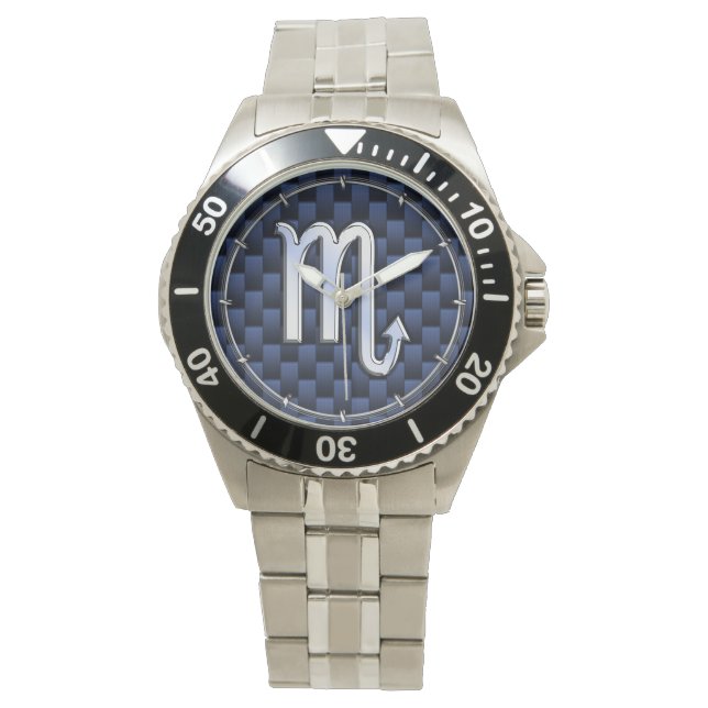 Chrome Scorpio Zodiac Sign on Blue Carbon Fibre Horloge (Voorkant)