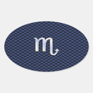 Chrome Scorpio Zodiac Sign on Blue Carbon Fibre Ovale Sticker