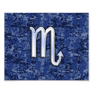 Chrome Scorpio Zodiac Sign on Navy Blue Camo Foto Afdruk