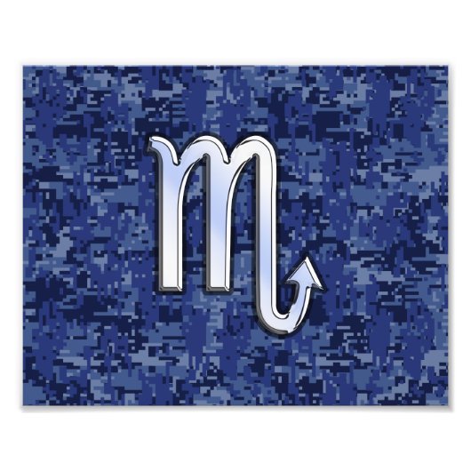 Chrome Scorpio Zodiac Sign on Navy Blue Camo Foto Afdruk (Voorkant)