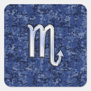 Chrome Scorpio Zodiac Sign on Navy Blue Camo Vierkante Sticker