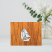 Chrome Silver als Sailboot op Teak Veneer Briefkaart (Staand voorkant)