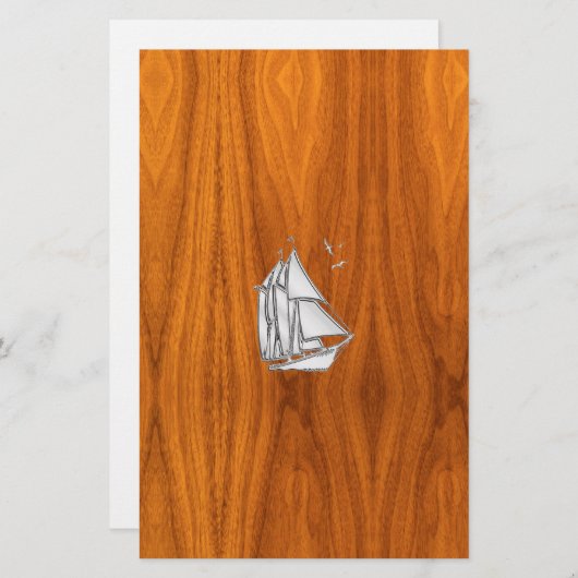 Chrome Silver als Sailboot op Teak Veneer Briefpapier (Voorkant / Achterkant)