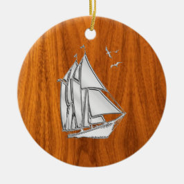 Chrome Silver als Sailboot op Teak Veneer Keramisch Ornament