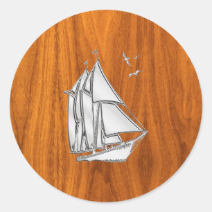 Chrome Silver als Sailboot op Teak Veneer Ronde Sticker