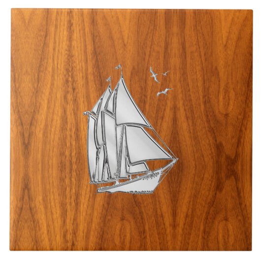 Chrome Silver als Sailboot op Teak Veneer Tegeltje (Voorkant)
