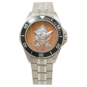 Chrome Silver Pirate on Teak Veneer Decor Horloge