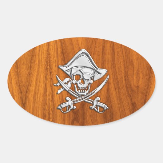 Chrome Silver Pirate on Teak Veneer Decor Ovale Sticker (Voorkant)