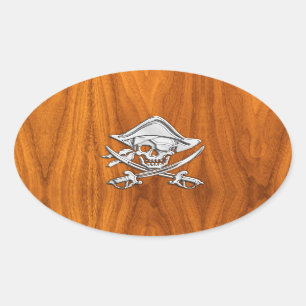 Chrome Silver Pirate on Teak Veneer Decor Ovale Sticker
