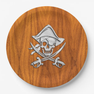 Chrome Silver Pirate on Teak Veneer Decor Papieren Bordje