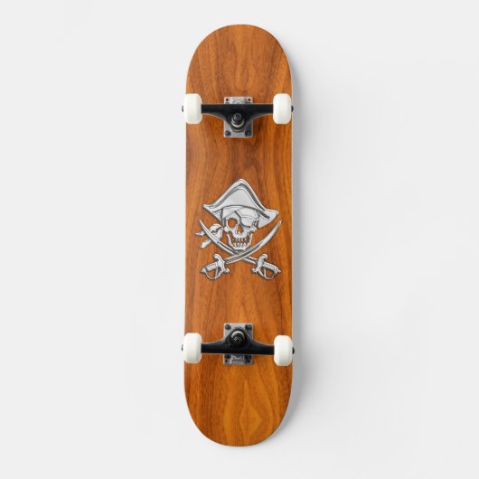 Chrome Silver Pirate on Teak Veneer Decor Skateboard (Voorkant)
