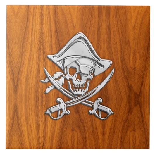 Chrome Silver Pirate on Teak Veneer Decor Tegeltje (Voorkant)