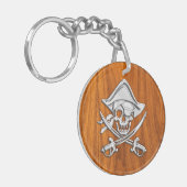 Chrome Silver Pirate op Teak Veneer Decor Sleutelhanger (Voorkant Links)
