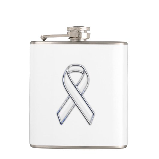 Chrome Silver Print Belted White Ribbon Awareness Heupfles (Voorkant)