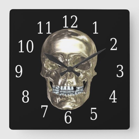 Chrome Skull Square Clock Vierkante Klok (Voorkant)