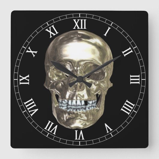 Chrome Skull Square Roman Numers Clock Vierkante Klok (Voorkant)