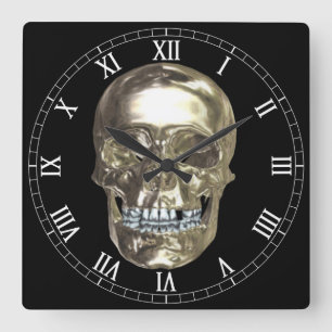 Chrome Skull Square Roman Numers Clock Vierkante Klok