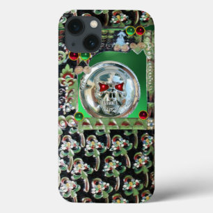 CHROME SKULL, ZWARTE GREEN RED JADE GEM STONES iPhone 13 HOESJE