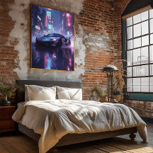 Chrome sportwagen in Cyberpunk Neon City bij nacht