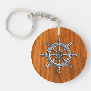 Chrome Stijl Scheepswiel op Teak Fineer Sleutelhanger