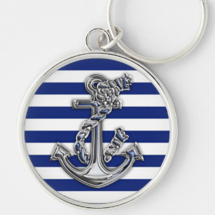 Chrome stijlhellingsanker op Nautical Stripes Sleutelhanger