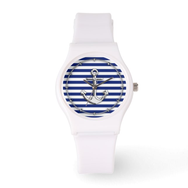 Chrome Style Anchor op Navy Stripes Decor Horloge (Voorkant)