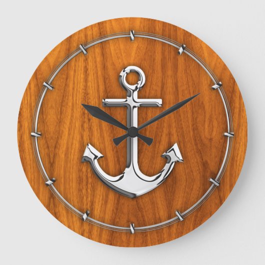 Chrome Style Anchor op Teak Veneer Grote Klok (Voorkant)
