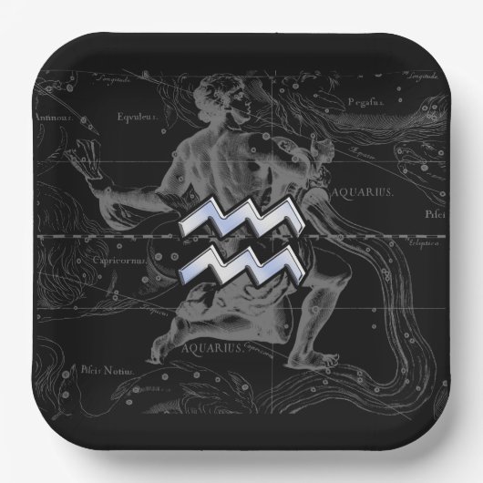 Chrome Style Aquarius Zodiac Symbol op Hevelius Papieren Bordje (Voorkant)
