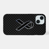 Chrome Style Black Ribbon Awareness Carbon Fibre iPhone 15 Case (Achterkant horizontaal)