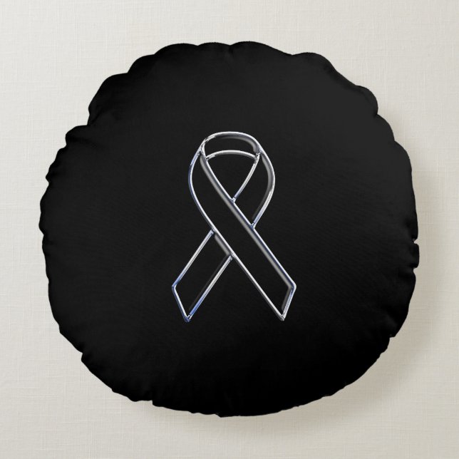 Chrome Style Black Ribbon Awareness on Black Rond Kussen (Voorkant)